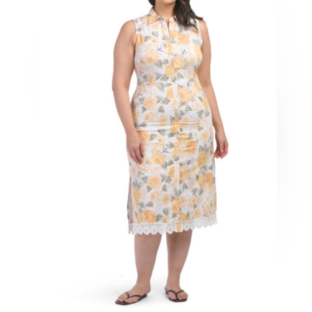 Rachel Parcell Sleeveless Floral Shirt Dress Yellow White Midi Lace Hem Size 8